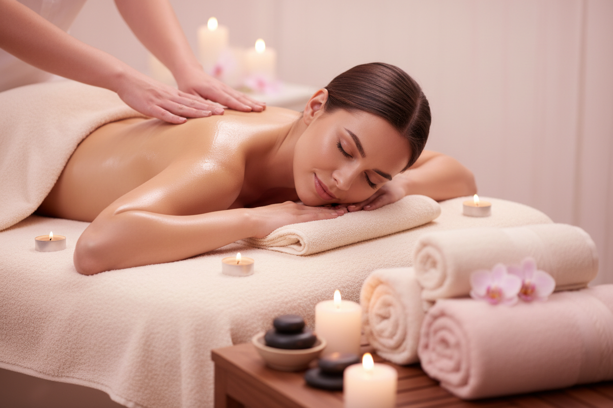 with a woman having a massage